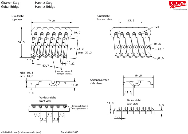 Фото Бридж Schaller 12010200 (48051) GTH CH для гитары Carbon fiber